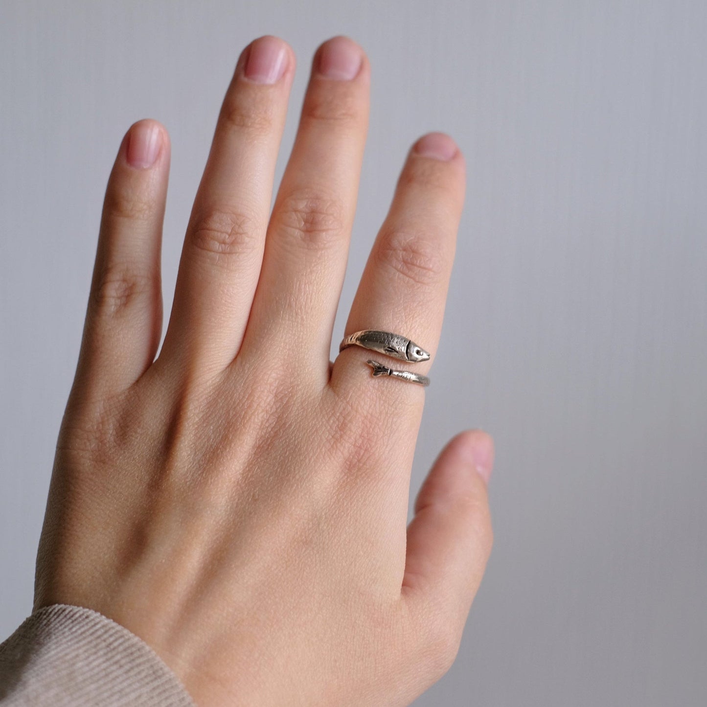 Handmade sterling silver fish ring Kilka - adjustable 925 herring ring