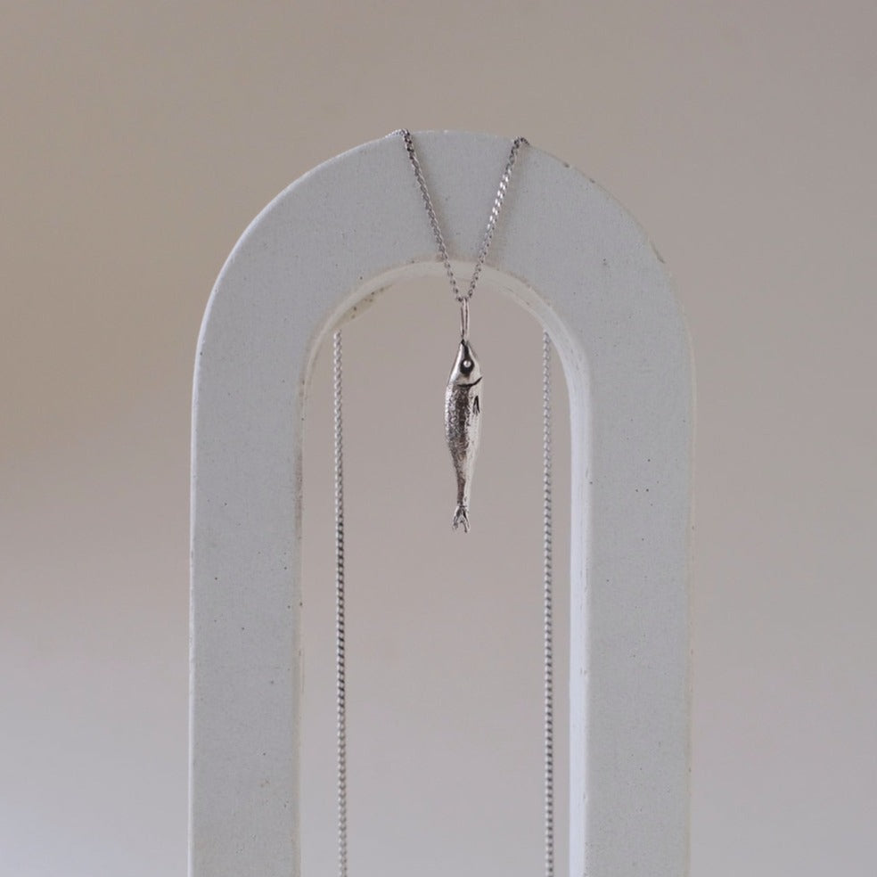 Sterling silver fish pendant on chain - handmade Kilka design