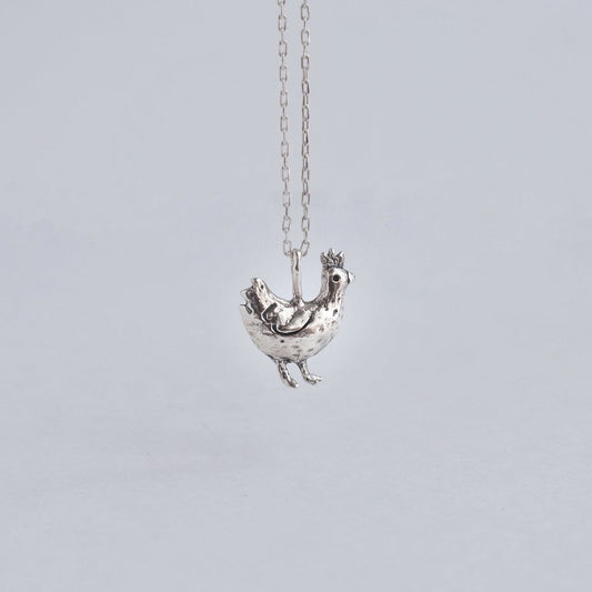Silver chicken pendant Co-Co on chain - handmade 925 jewelry