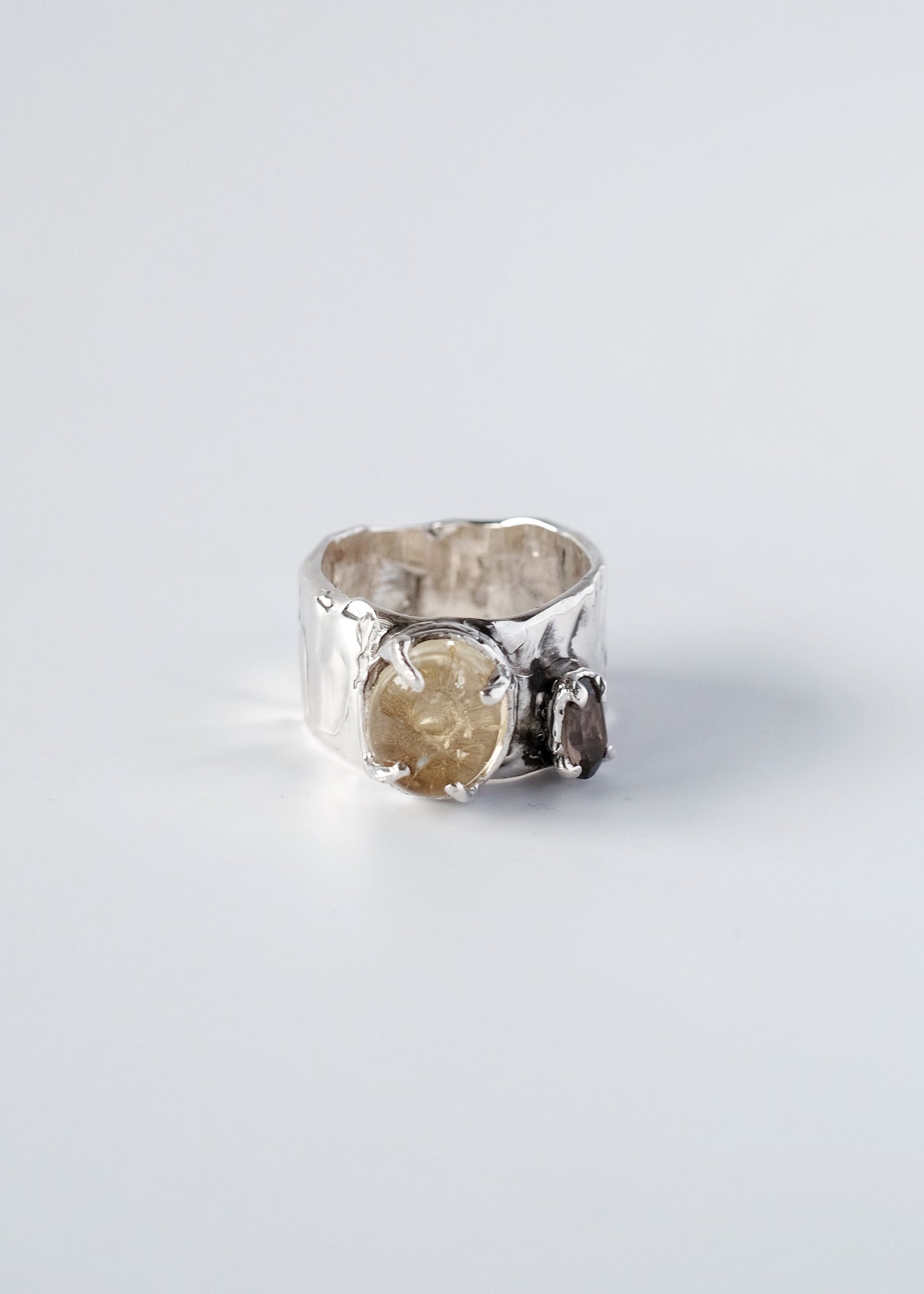 Wide Ring with Citrine and Smoky Quartz